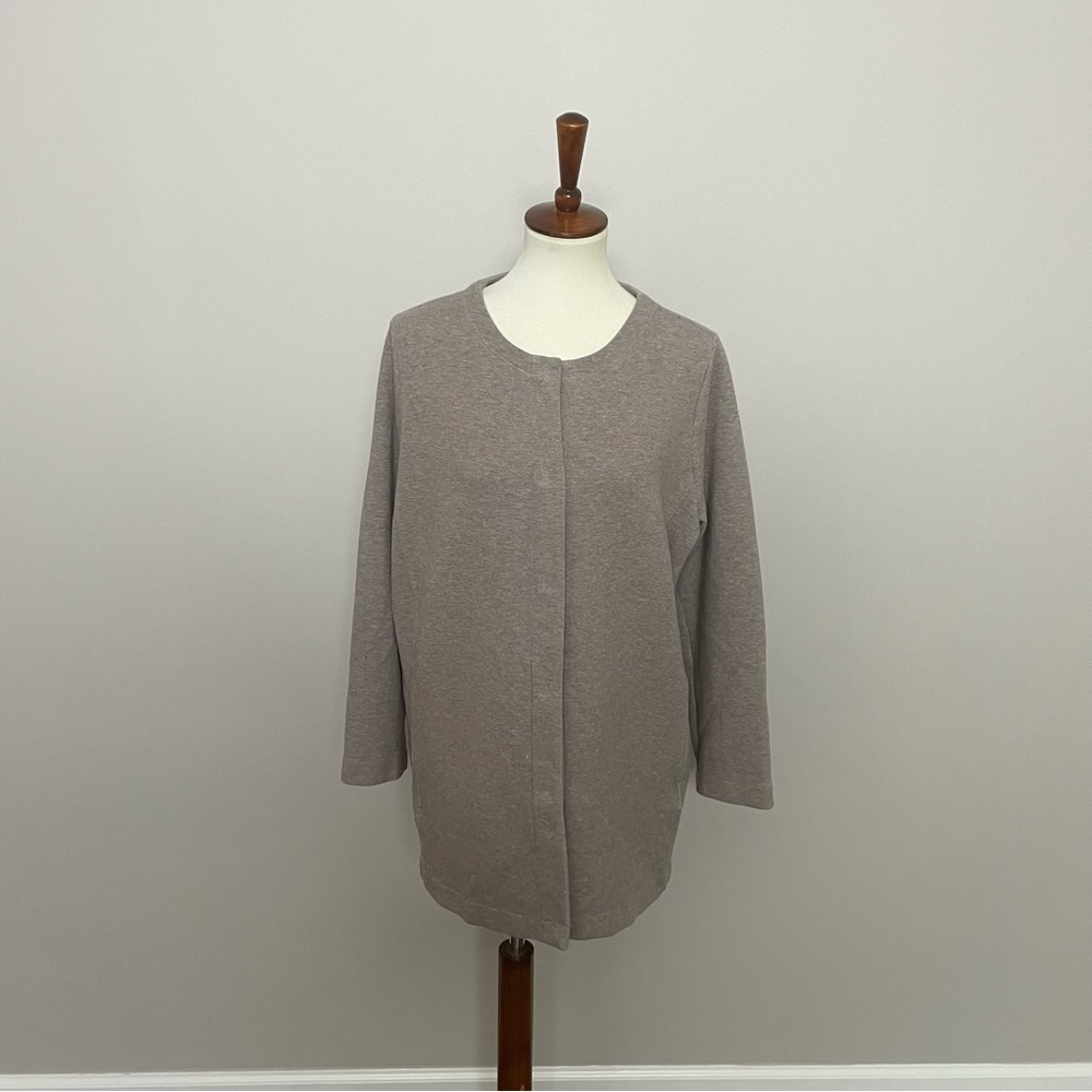 J Jill Pure Jill Cardigan Jacket Ponte Knit Jersey Snap Closure Pockets Beige